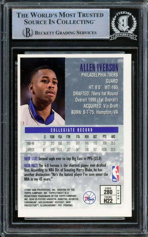 Allen Iverson Autographed 1996-97 Topps Finest Gold Rookie Card #280 Philadelphia 76ers Beckett BAS #14863445 - RSA