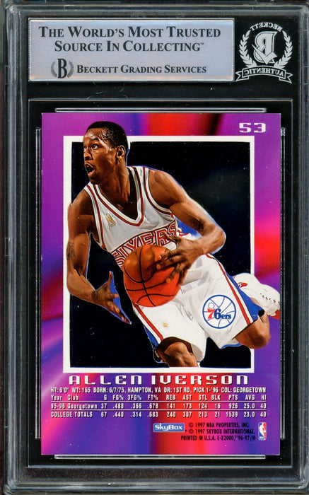 Allen Iverson Autographed 1996-97 E-X2000 Rookie Card #53 Philadelphia 76ers Beckett BAS #14863448 - RSA