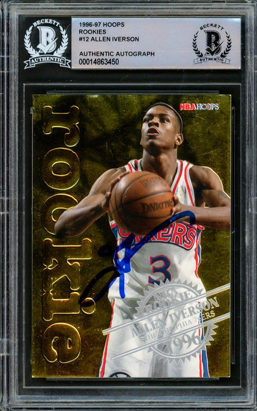 Allen Iverson Autographed 1996-97 Hoops NBA Rookie Card #12 Philadelphia 76ers Beckett BAS #14863450 - RSA