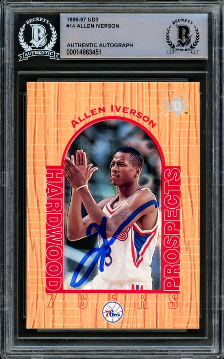 Allen Iverson Autographed 1996-97 UD3 Hardwood Prospects Rookie Card #14 Philadelphia 76ers Beckett BAS #14863451 - RSA