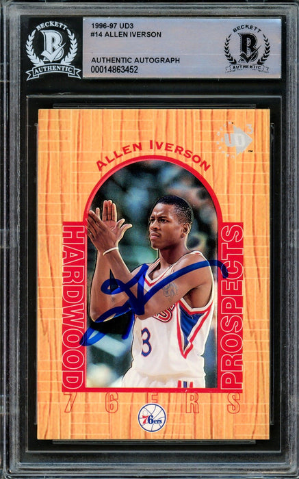 Allen Iverson Autographed 1996-97 UD3 Hardwood Prospects Rookie Card #14 Philadelphia 76ers Beckett BAS #14863452 - RSA