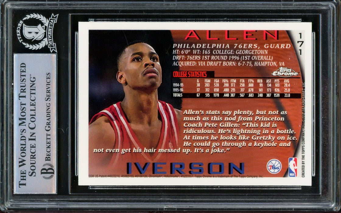 Allen Iverson Autographed 1996-97 Topps Chrome Rookie Card #171 Philadelphia 76ers Beckett BAS #14863454 - RSA