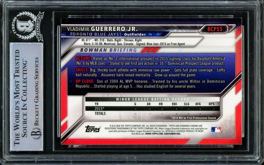Vladimir Guerrero Jr. Autographed 2016 Bowman Chrome Prospects Rookie Card #BCP55 Toronto Blue Jays Beckett BAS #14863471 - RSA
