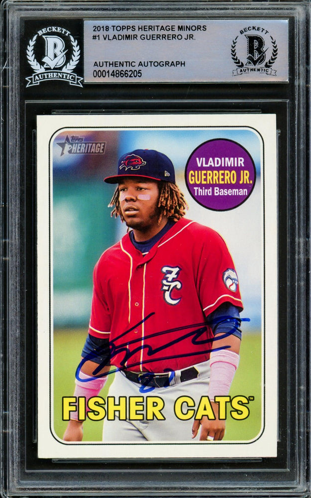 Vladimir Guerrero Jr. Autographed 2018 Topps Heritage Minor League Rookie Card #1 Toronto Blue Jays Beckett BAS #14866205 - RSA