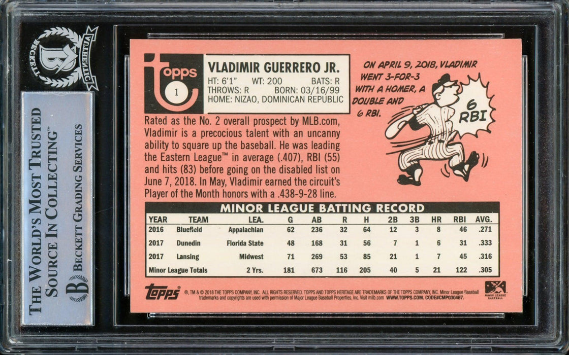 Vladimir Guerrero Jr. Autographed 2018 Topps Heritage Minor League Rookie Card #1 Toronto Blue Jays Beckett BAS #14866205 - RSA