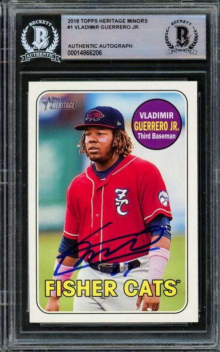 Vladimir Guerrero Jr. Autographed 2018 Topps Heritage Minor League Rookie Card #1 Toronto Blue Jays Beckett BAS #14866206 - RSA