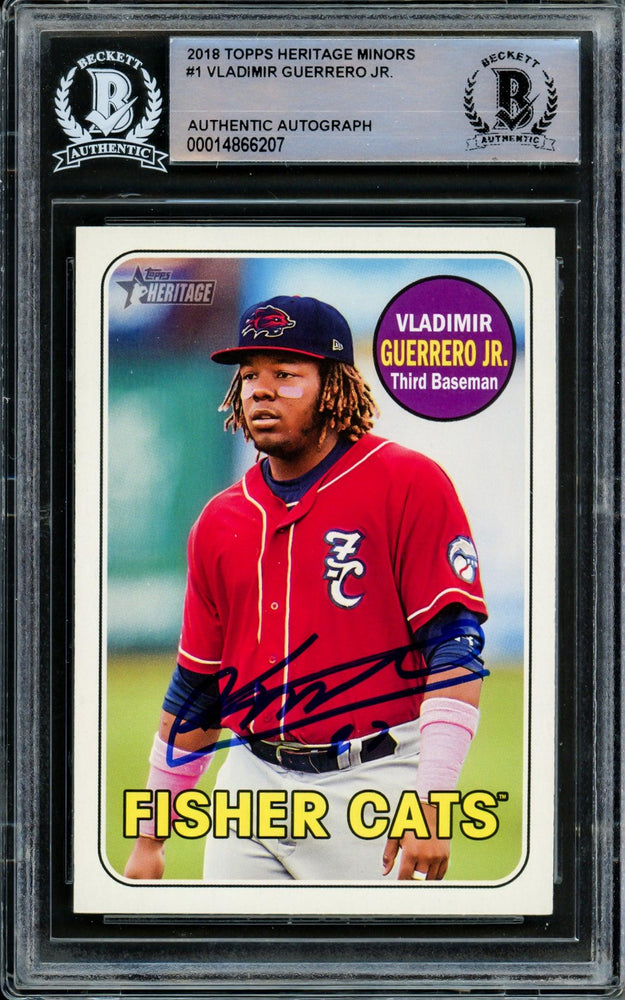 Vladimir Guerrero Jr. Autographed 2018 Topps Heritage Minor League Rookie Card #1 Toronto Blue Jays Beckett BAS #14866207 - RSA