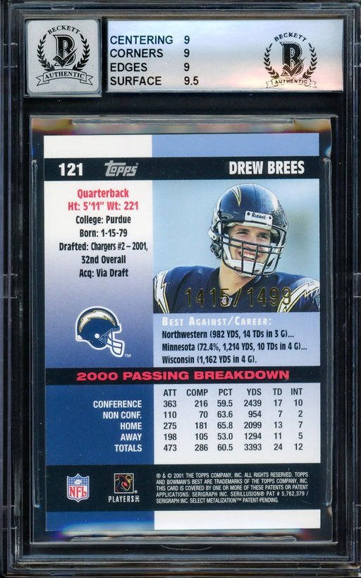 Drew Brees Autographed 2001 Bowman's Best Rookie Card #121 New Orleans Saints BGS 9 Auto Grade Gem Mint 10 Beckett BAS #14323831 - RSA