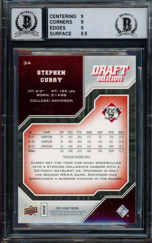 Stephen Curry Autographed 2009-10 Upper Deck Draft Edition Rookie Card #34 Golden State Warriors BGS 9 Auto Grade Near Mint/Mint 8 Beckett BAS #14985114 - RSA