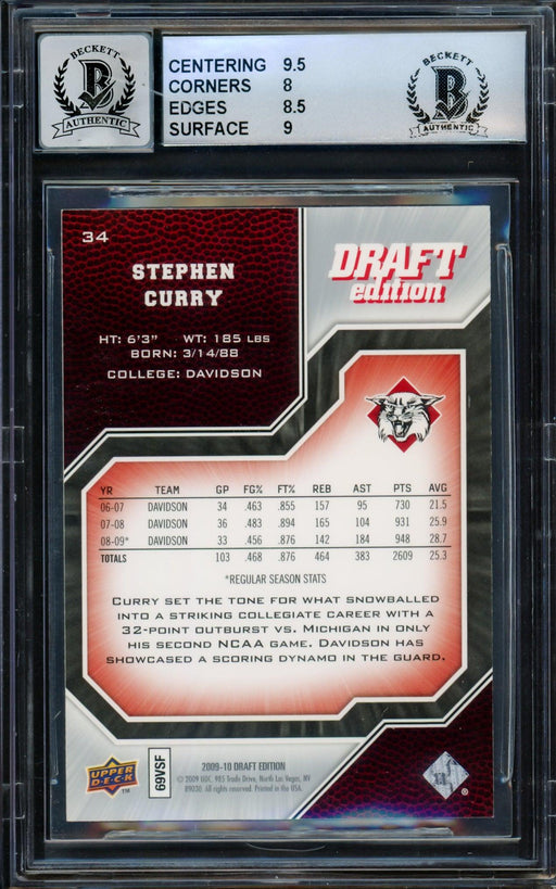 Stephen Curry Autographed 2009-10 Upper Deck Draft Edition Rookie Card #34 Golden State Warriors BGS 8.5 Auto Grade Gem Mint 10 Beckett BAS #14984856 - RSA