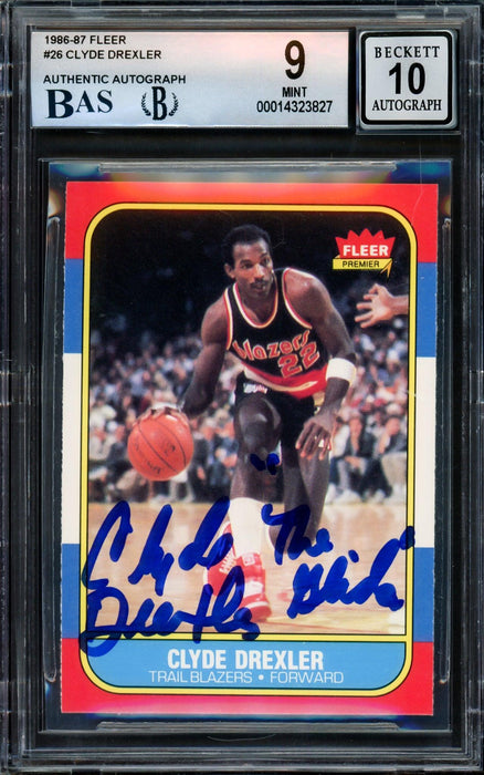 Clyde Drexler Autographed 1986-87 Fleer Rookie Card #26 Portland Trail Blazers BGS 9 Auto Grade Gem Mint 10 Beckett BAS #14323827 - RSA