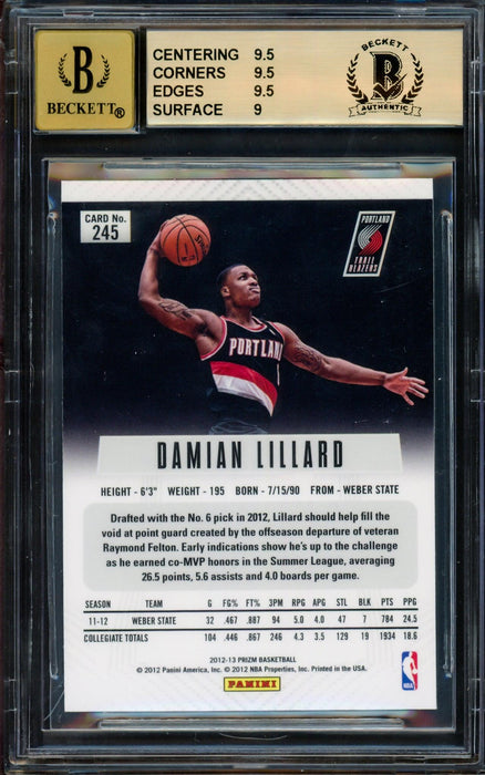 Damian Lillard Autographed 2012-13 Panini Prizm Rookie Card #245 Portland Trail Blazers BGS 9.5 Auto Grade Gem Mint 10 Beckett BAS #14323937 - RSA