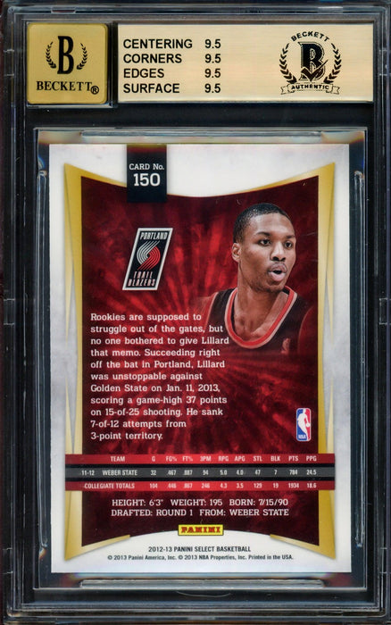 Damian Lillard Autographed 2012-13 Panini Select Rookie Card #150 Portland Trail Blazers BGS 9.5 Auto Grade Gem Mint 10 Beckett BAS #14323922 - RSA