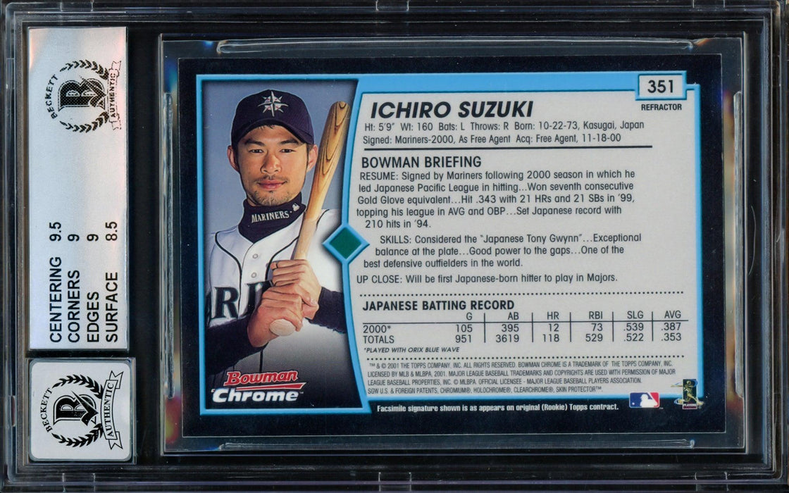 Ichiro Suzuki Autographed 2001 Bowman Chrome Rookie Card #351A Seattle Mariners BGS 9 Auto Grade Gem Mint 10 "01 ROY/MVP" Beckett BAS #14984826 - RSA