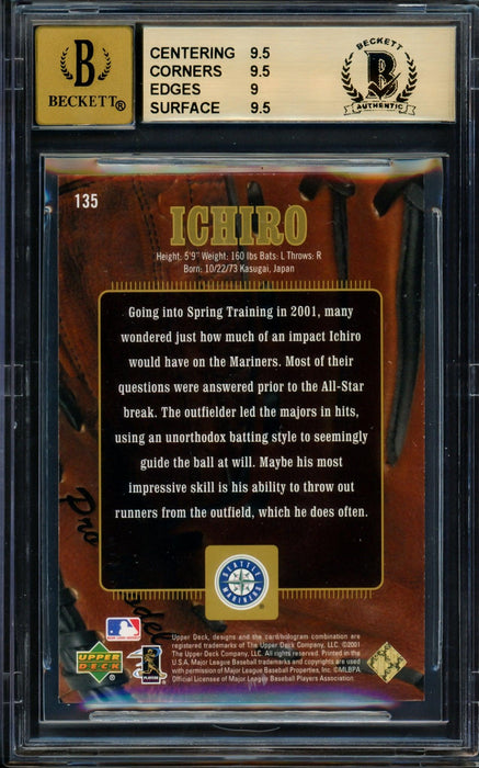 Ichiro Suzuki Autographed 2001 Upper Deck Gold Glove Limited Rookie Card #135 Seattle Mariners BGS 9.5 Auto Grade Gem Mint 10 "01 ROY/MVP" #65/100 Beckett BAS #14323822 - RSA