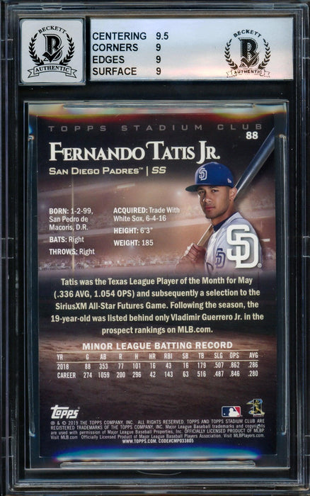 Fernando Tatis Jr. Autographed 2019 Topps Stadium Club Sunglass Variation Rookie Card #88 San Diego Padres BGS 9 Auto Grade Gem Mint 10 Beckett BAS #14323905 - RSA