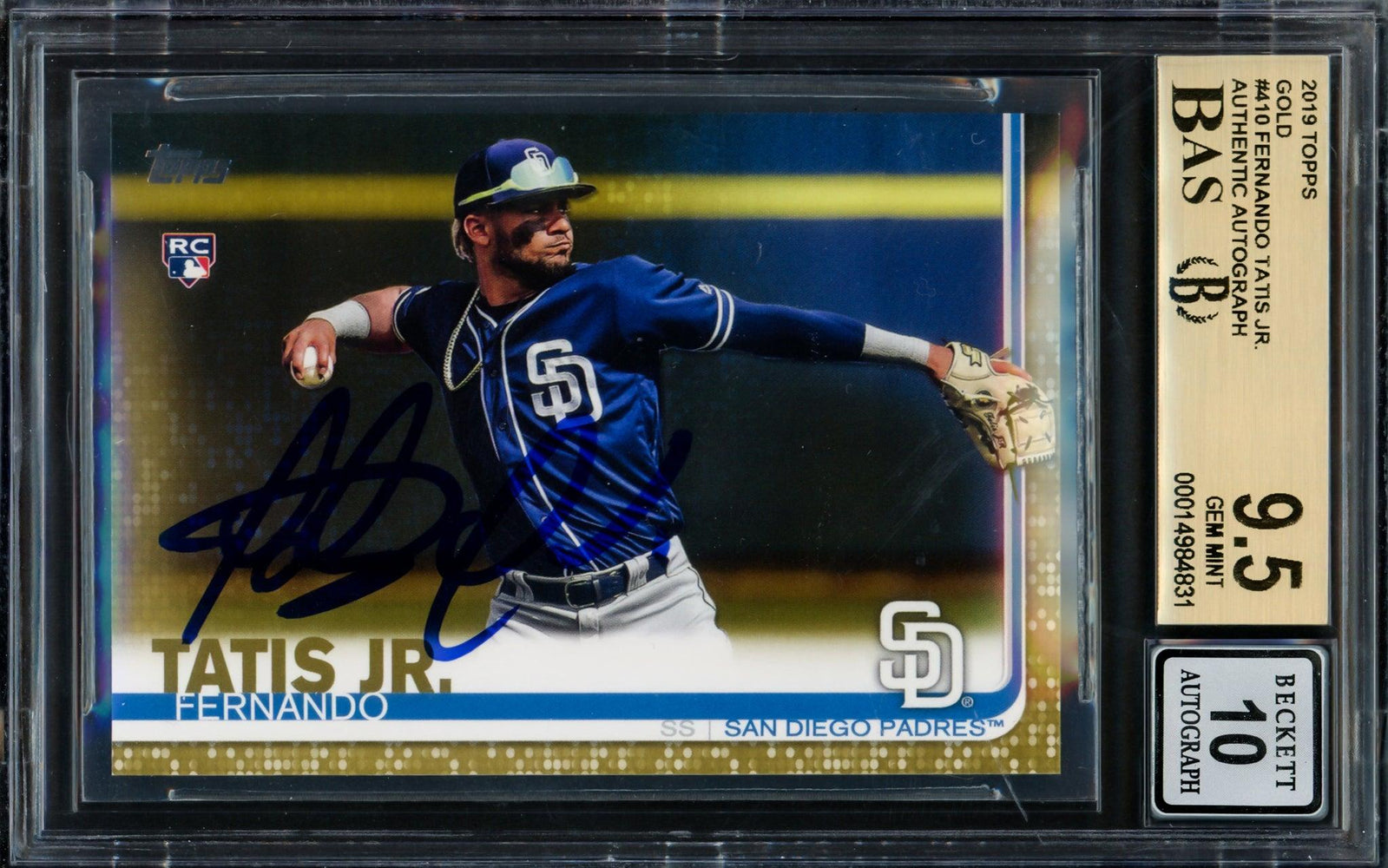 Fernando Tatis Jr. Autographed 2019 Topps Gold Rookie Card #410 San Diego Padres BGS 9.5 Auto Grade Gem Mint 10 Beckett BAS #14984831 - RSA