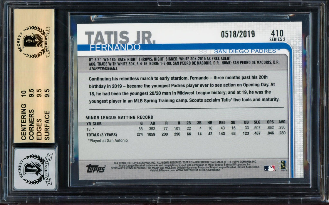 Fernando Tatis Jr. Autographed 2019 Topps Gold Rookie Card #410 San Diego Padres BGS 9.5 Auto Grade Gem Mint 10 Beckett BAS #14984831 - RSA