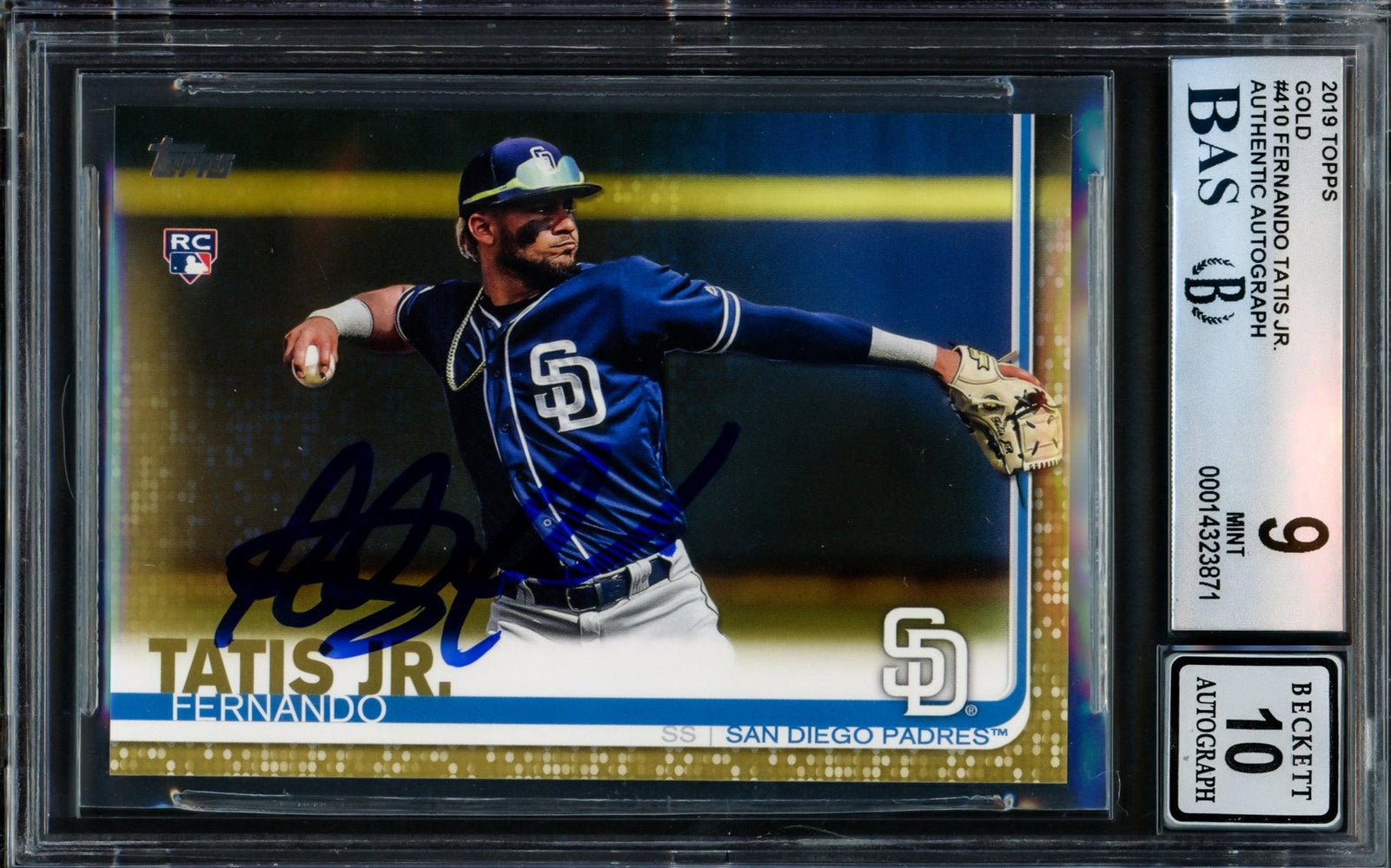 Fernando Tatis Jr. Autographed 2019 Topps Gold Rookie Card #410 San Diego Padres BGS 9 Auto Grade Gem Mint 10 Beckett BAS #14323871 - RSA