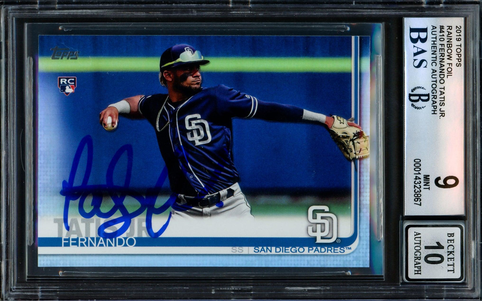 Fernando Tatis Jr. Autographed 2019 Topps Rainbow Foil Rookie Card #410 San Diego Padres BGS 9 Auto Grade Gem Mint 10 Beckett BAS #14323867 - RSA