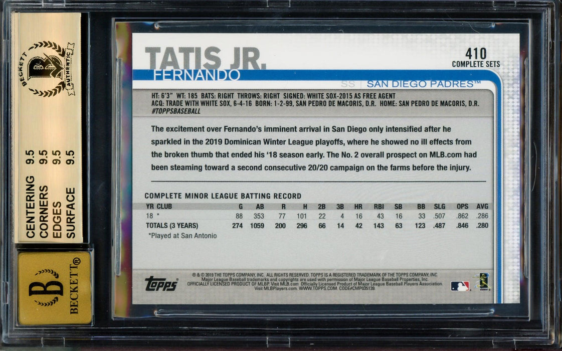 Fernando Tatis Jr. Autographed 2019 Topps Base Set Photo Variations Rookie Card #410 San Diego Padres BGS 9.5 Auto Grade Gem Mint 10 Beckett BAS #14323873 - RSA