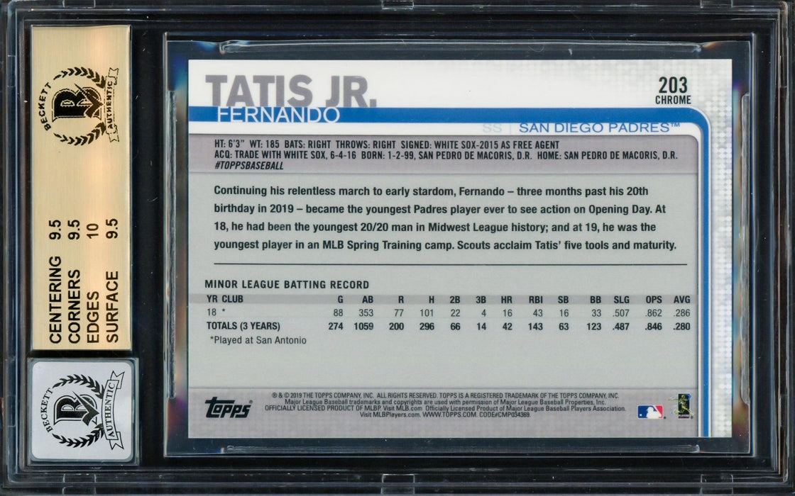 Fernando Tatis Jr. Autographed 2019 Topps Chrome Prizm Refractors Rookie Card #203 San Diego Padres BGS 9.5 Auto Grade Gem Mint 10 Beckett BAS #14984828 - RSA