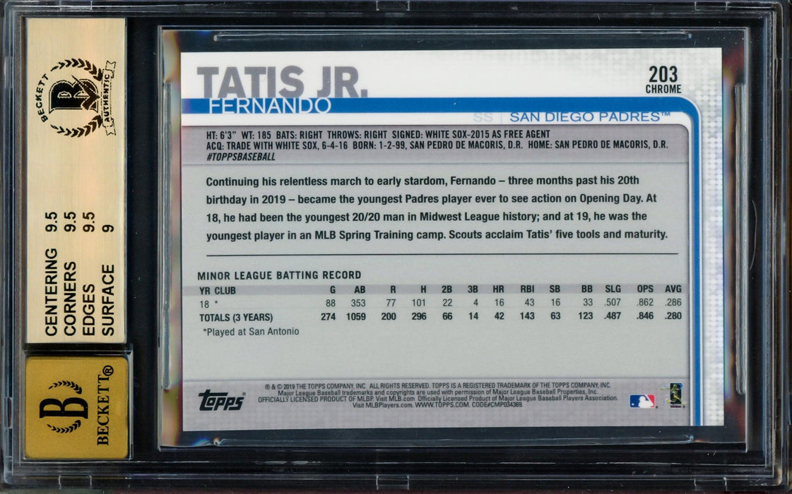 Fernando Tatis Jr. Autographed 2019 Topps Chrome Rookie Card #203 San Diego Padres BGS 9.5 Auto Grade Gem Mint 10 Beckett BAS #14323868 - RSA