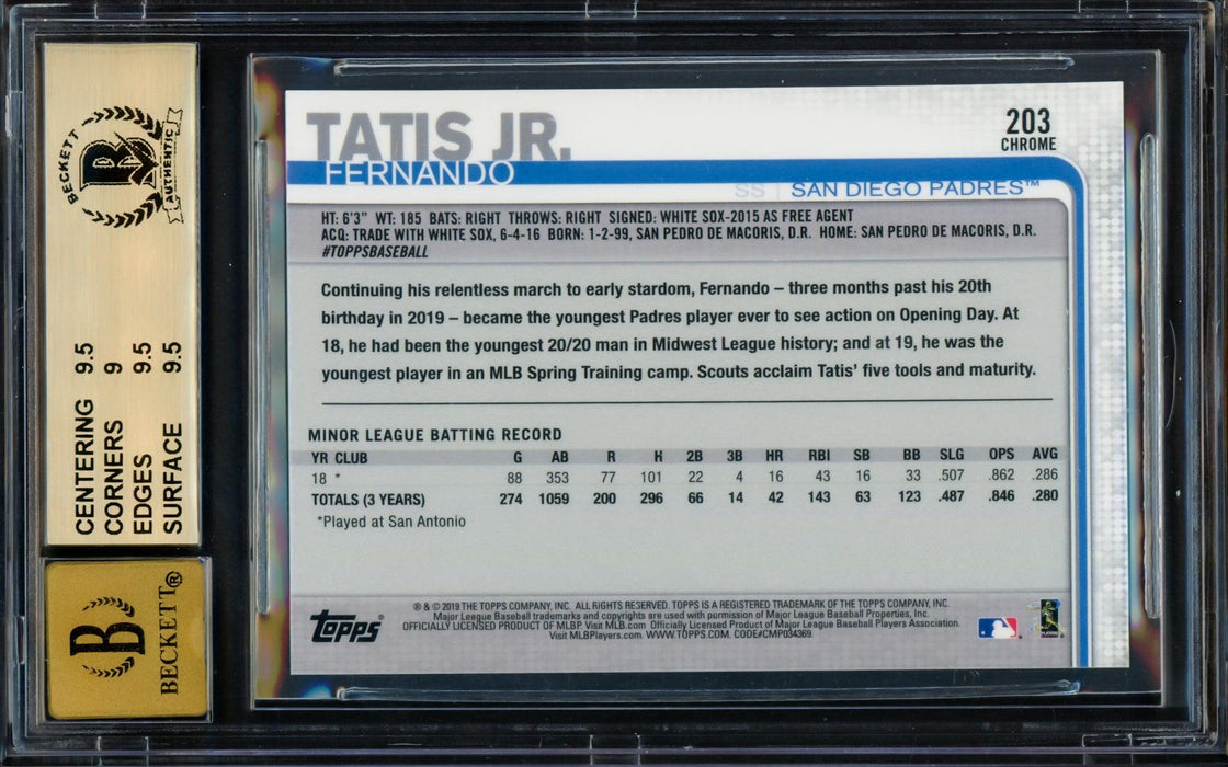 Fernando Tatis Jr. Autographed 2019 Topps Chrome Rookie Card #203 San Diego Padres BGS 9.5 Auto Grade Gem Mint 10 Beckett BAS #14323906 - RSA