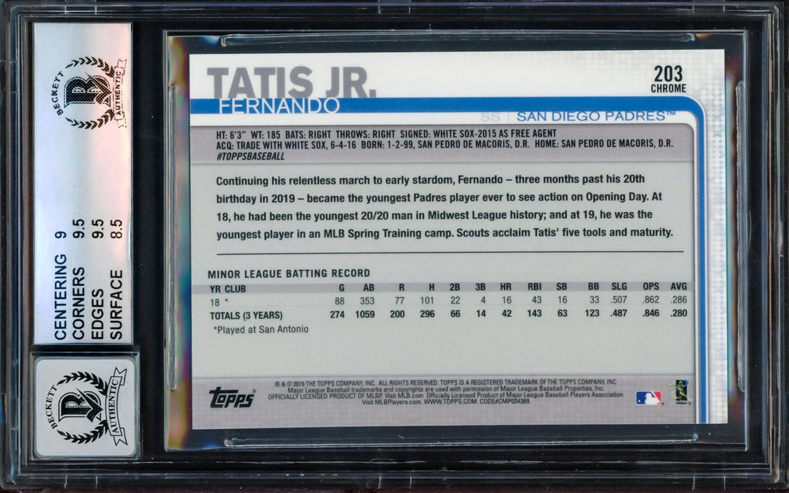 Fernando Tatis Jr. Autographed 2019 Topps Chrome Rookie Card #203 San Diego Padres BGS 9 Auto Grade Gem Mint 10 Beckett BAS #14323907 - RSA