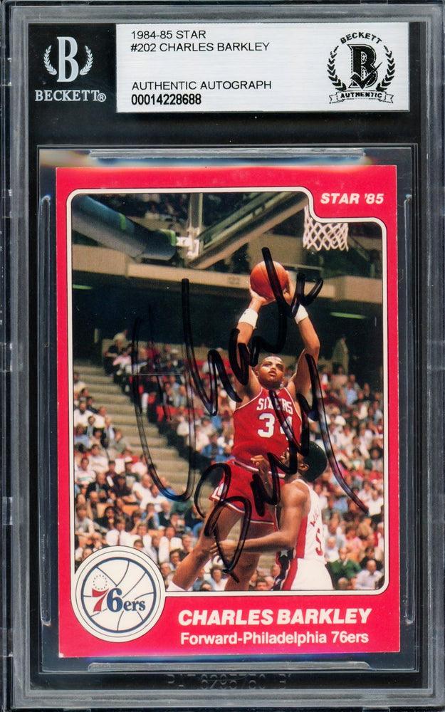 Charles Barkley Autographed 1984-85 Star Rookie Card #202 Philadelphia 76ers Vintage Signature Beckett BAS #14228688 - RSA
