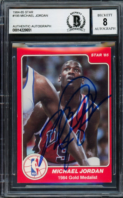 Michael Jordan Autographed 1984-85 Star Rookie Card #195 Chicago Bulls Auto Grade Near Mint/Mint 8 Vintage Rookie Era Signature Beckett BAS #14228651 - RSA