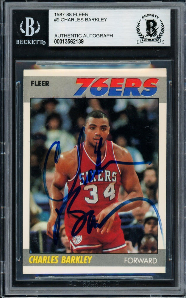 Charles Barkley Autographed 1987-88 Fleer Card #9 Philadelphia 76ers Vintage Signature Beckett BAS #13562139 - RSA