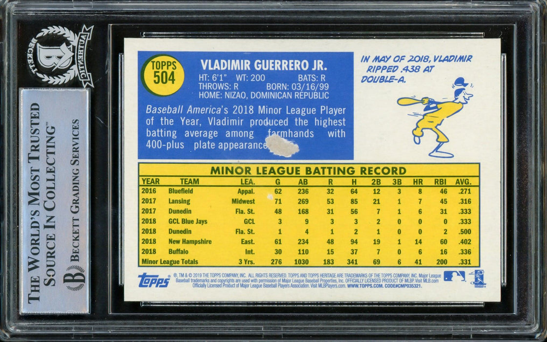 Vladimir Guerrero Jr. Autographed 2019 Topps Heritage Rookie Card #504 Toronto Blue Jays (Minor Back Damage) Beckett BAS #14866188 - RSA