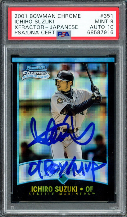 Ichiro Suzuki Autographed 2001 Bowman Chrome XFractor Japanese Rookie Card #351 Seattle Mariners PSA 9 Auto Grade Gem Mint 10 "01 ROY/MVP" Highest Graded Pop 1 PSA/DNA #68587916 - RSA
