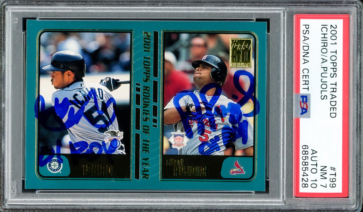 Albert Pujols & Ichiro Suzuki Autographed 2001 Topps Traded Rookie Card #T99 PSA 7 Auto Grade Gem Mint 10 "01 ROY" PSA/DNA #68585428 - RSA