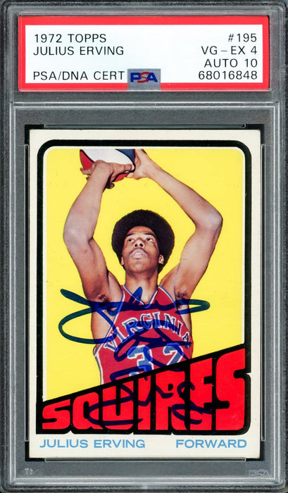 Julius Dr. J Erving Autographed 1972 Topps Rookie Card #195 PSA 4 Auto Grade Gem Mint 10 PSA/DNA #68016848 - RSA