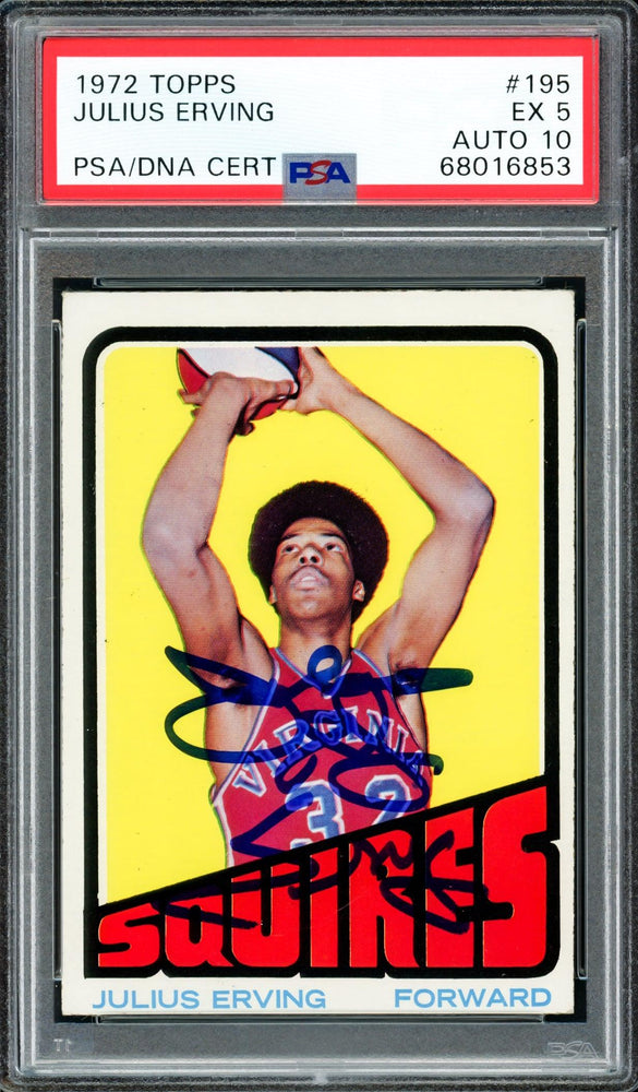 Julius Dr. J Erving Autographed 1972 Topps Rookie Card #195 PSA 5 Auto Grade Gem Mint 10 PSA/DNA #68016853 - RSA