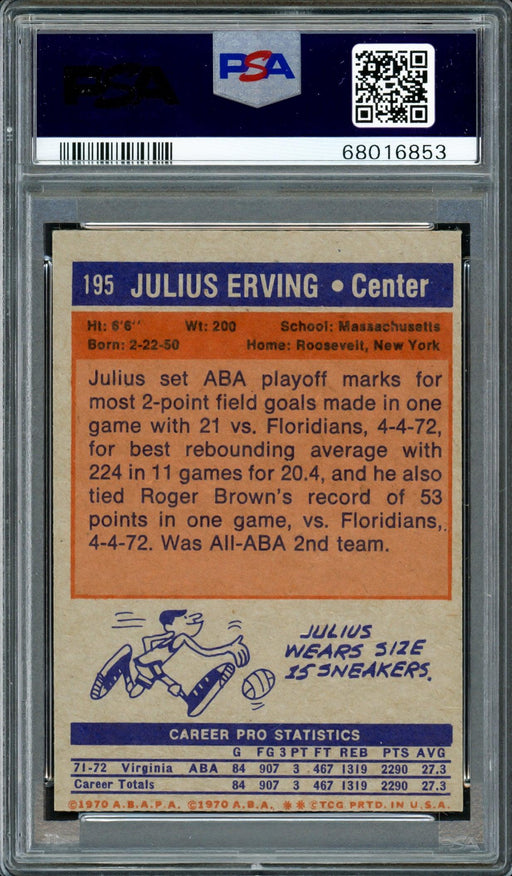 Julius Dr. J Erving Autographed 1972 Topps Rookie Card #195 PSA 5 Auto Grade Gem Mint 10 PSA/DNA #68016853 - RSA