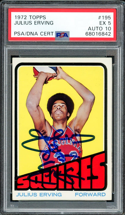 Julius Dr. J Erving Autographed 1972 Topps Rookie Card #195 PSA 5 Auto Grade Gem Mint 10 PSA/DNA #68016842 - RSA