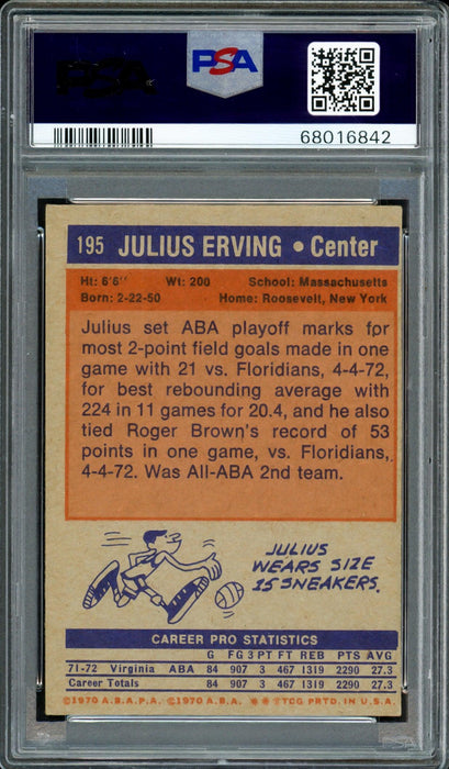 Julius Dr. J Erving Autographed 1972 Topps Rookie Card #195 PSA 5 Auto Grade Gem Mint 10 PSA/DNA #68016842 - RSA