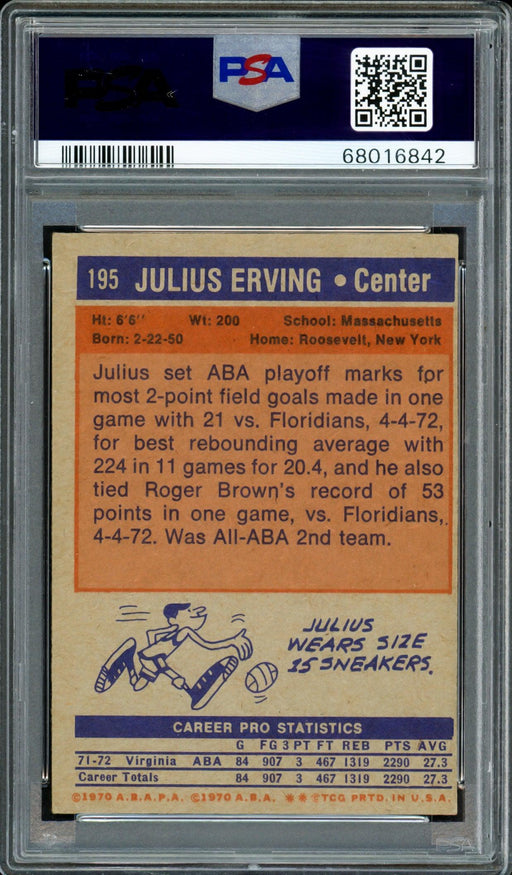 Julius Dr. J Erving Autographed 1972 Topps Rookie Card #195 PSA 5 Auto Grade Gem Mint 10 PSA/DNA #68016842 - RSA