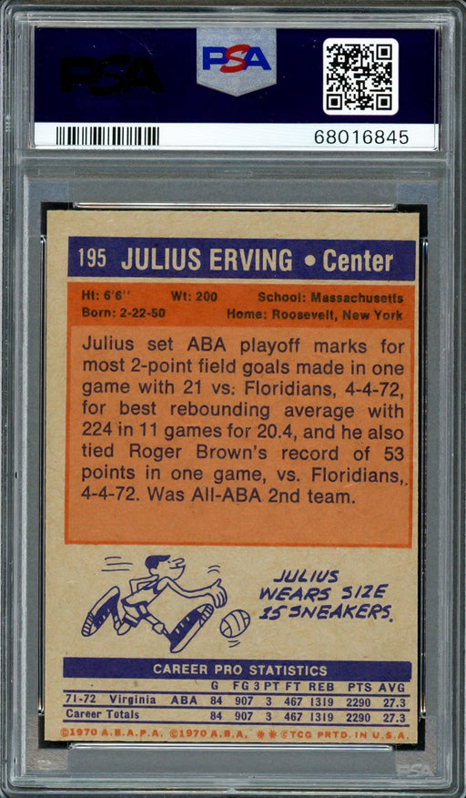 Julius Dr. J Erving Autographed 1972 Topps Rookie Card #195 PSA 6 Auto Grade Gem Mint 10 PSA/DNA #68016845 - RSA