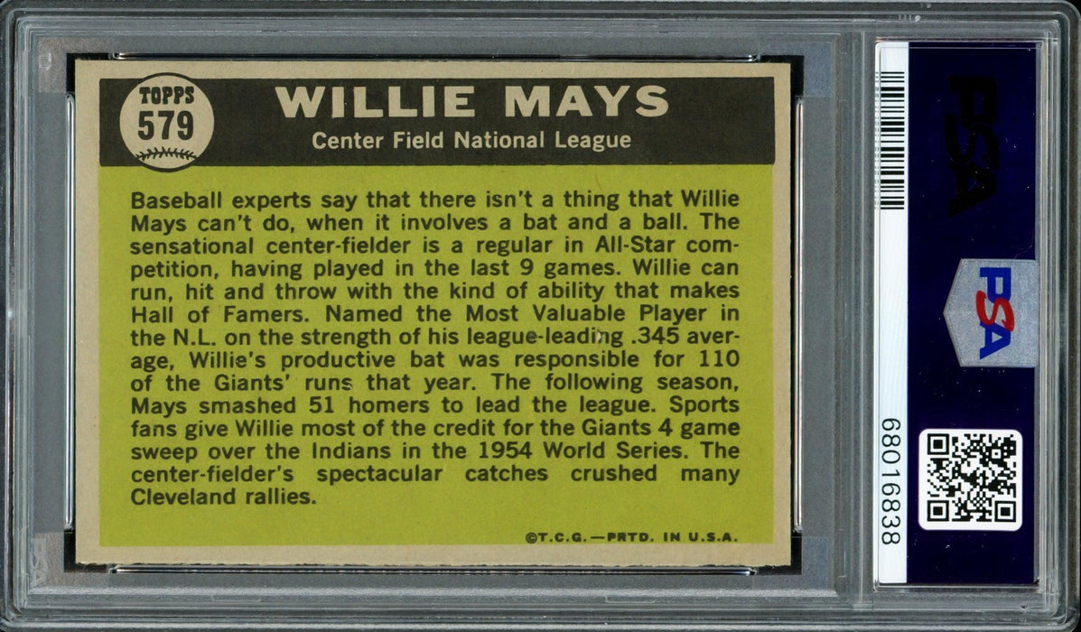 Willie Mays Autographed 1961 Topps Card #579 San Francisco Giants Highest Graded High Number PSA 7 Auto Grade Near Mint/Mint 8 Vintage Playing Days Signature PSA/DNA #68016838 - RSA