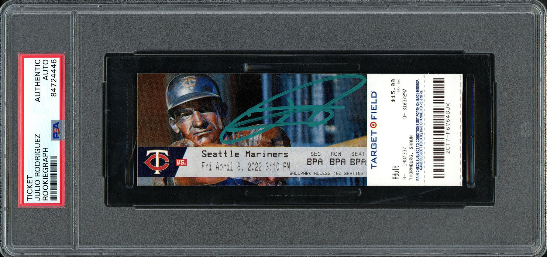 Julio Rodriguez Autographed MLB Debut Ticket Seattle Mariners Harmon Killebrew Statue Picture PSA/DNA #84724446 - RSA