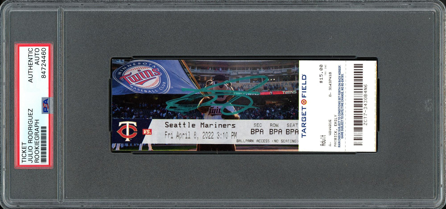 Julio Rodriguez Autographed MLB Debut Ticket Seattle Mariners Mascot Picture PSA/DNA #84724460 - RSA