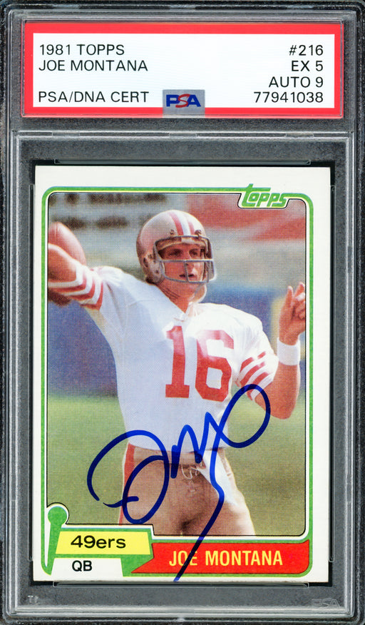 Joe Montana Autographed 1981 Topps Rookie Card #216 San Francisco 49ers PSA 5 Auto Grade Mint 9 PSA/DNA #77941038