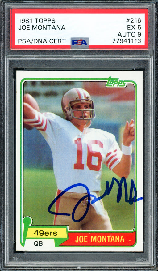 Joe Montana Autographed 1981 Topps Rookie Card #216 San Francisco 49ers PSA 5 Auto Grade Mint 9 PSA/DNA #77941113