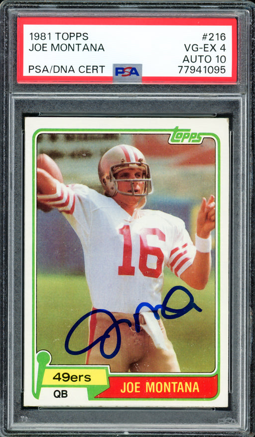 Joe Montana Autographed 1981 Topps Rookie Card #216 San Francisco 49ers PSA 4 Auto Grade Gem Mint 10 PSA/DNA #77941095