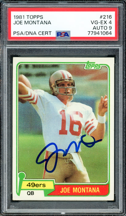 Joe Montana Autographed 1981 Topps Rookie Card #216 San Francisco 49ers PSA 4 Auto Grade Mint 9 PSA/DNA #77941064