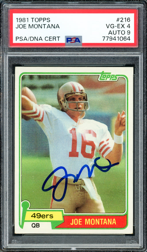 Joe Montana Autographed 1981 Topps Rookie Card #216 San Francisco 49ers PSA 4 Auto Grade Mint 9 PSA/DNA #77941064